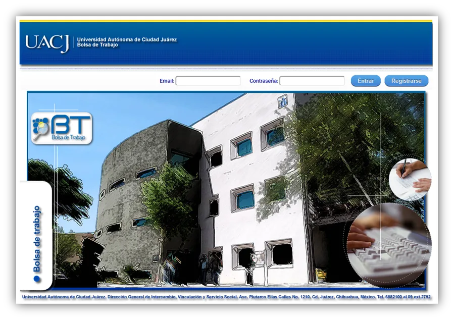 The job board’s home page, with the university’s building