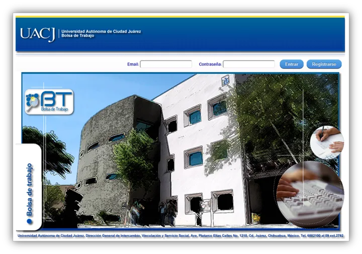 The job board’s home page, with the university’s building