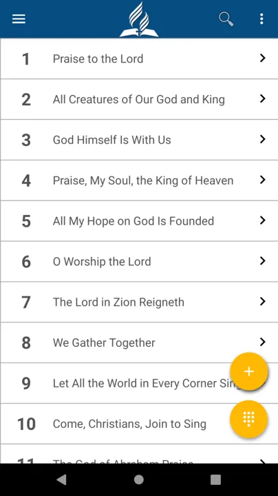 A numbered list of hymns in English