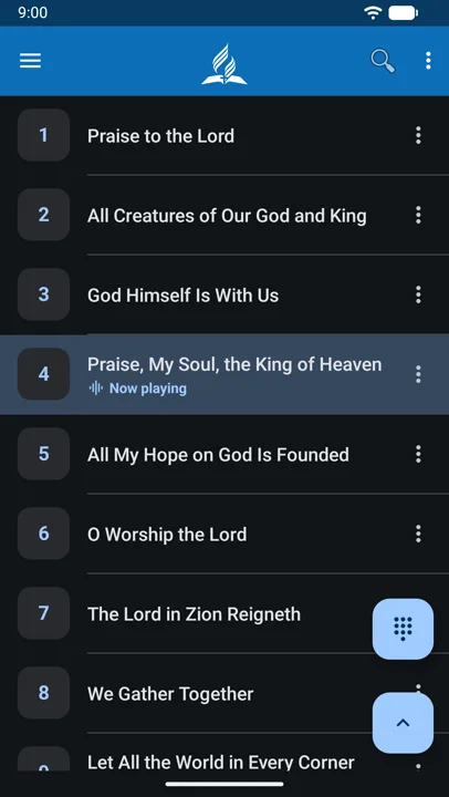 The hymn list in dark mode, with a hymn playing