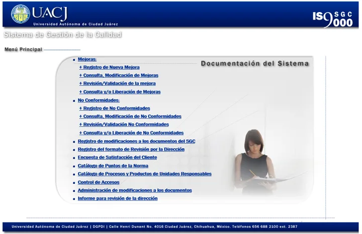 The quality system’s main menu