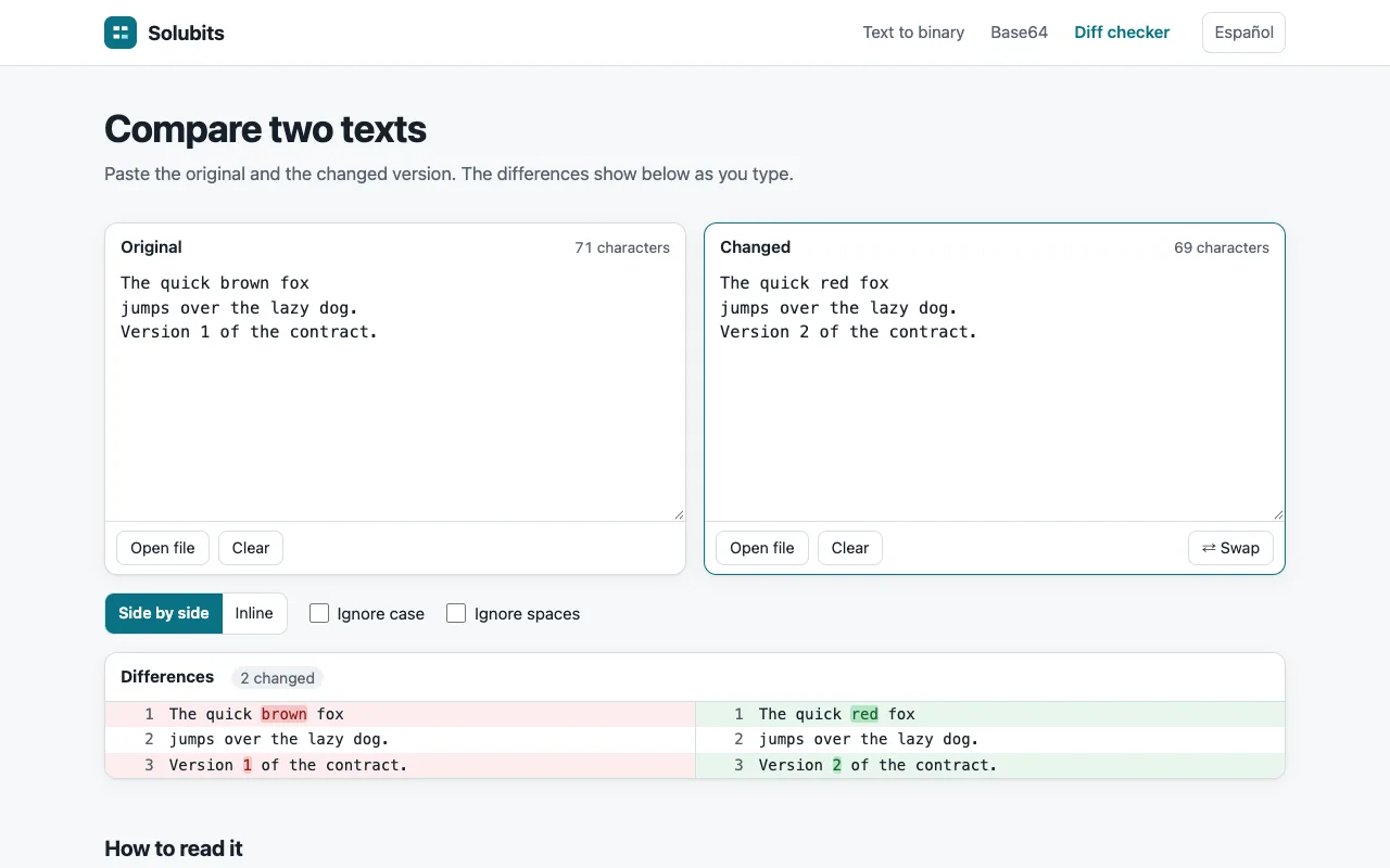 Solubits’ diff checker comparing two versions of a text