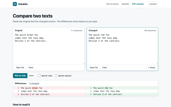 Solubits’ diff checker comparing two versions of a text