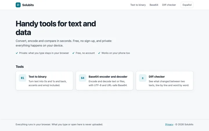 Solubits’ home page with its three tools