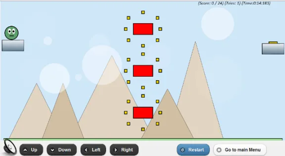 The first level: mountains and a column of red blocks