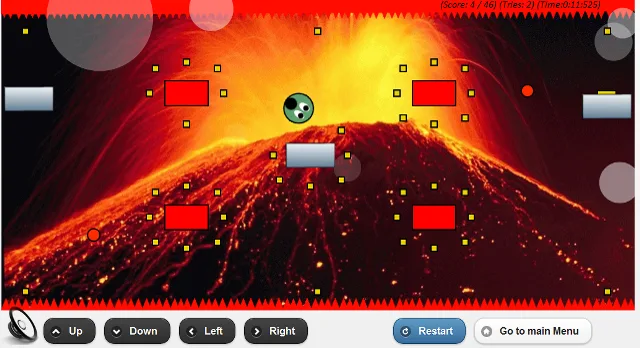 VoláBolá’s volcano level: a green ball among red and yellow blocks